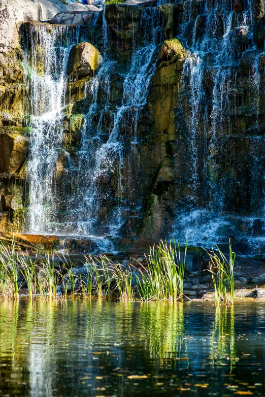 a waterfall in the middle of a body of water, sydney park, gold refractions off water, rocky cliffs, reeds