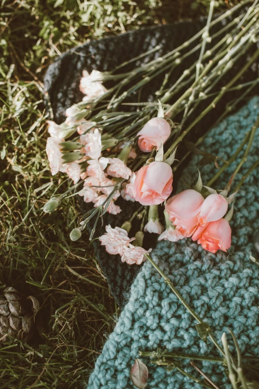 a knitted scarf sitting on top of a pile of flowers, by Ryan Pancoast, unsplash, romanticism, pastel roses, laying down in the grass, pink and teal, smooth tiny details