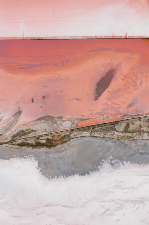 a man riding a surfboard on top of a wave, an ultrafine detailed painting, inspired by Julian Schnabel, trending on unsplash, conceptual art, orange minerals, covered in pink flesh, satellite view, constructed upon salar de uyuni