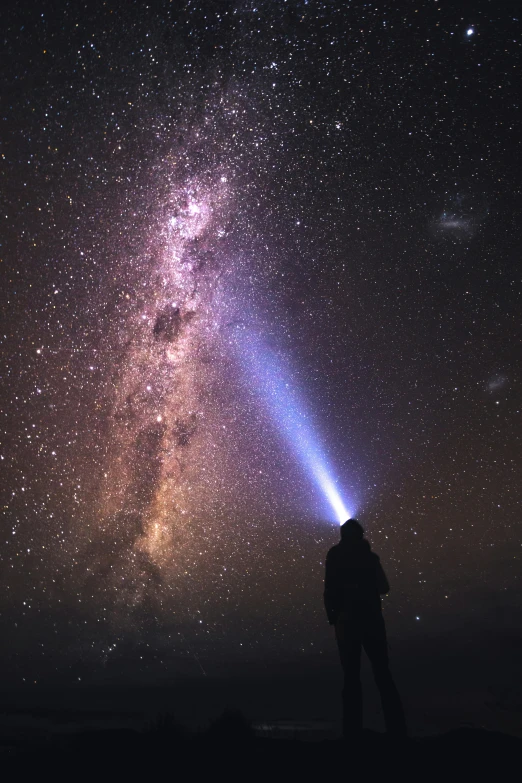 a person standing in front of a star filled sky, pexels contest winner, light and space, huge telescope on mauna kea, dusty lighting, holding a blue lightsaber, the milk way up above