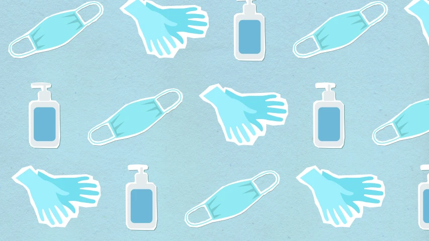 a variety of cleaning supplies on a blue background, an illustration of, by Jeka Kemp, shutterstock, hands shielding face, palm pattern visible, medical mask, on a pale background