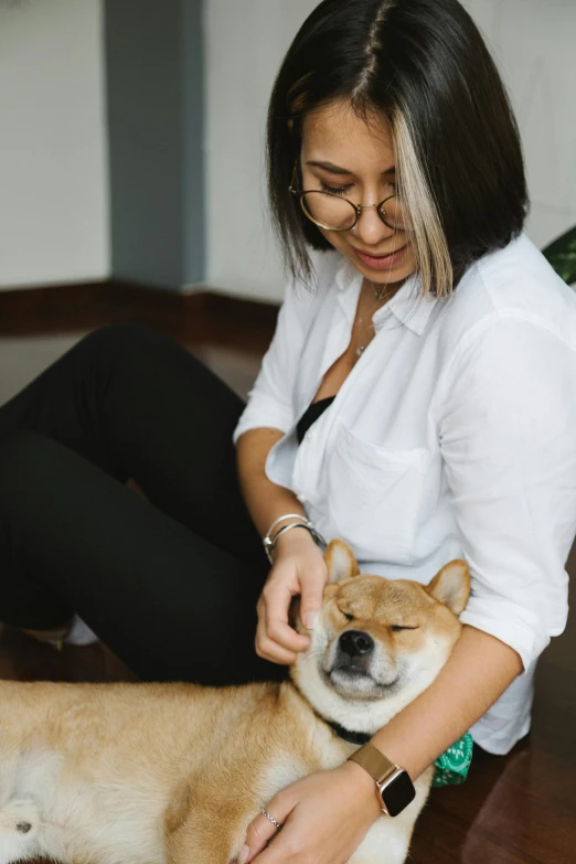 a woman sitting on the floor petting a dog, trending on pexels, shiba inu face, acupuncture treatment, gif, white