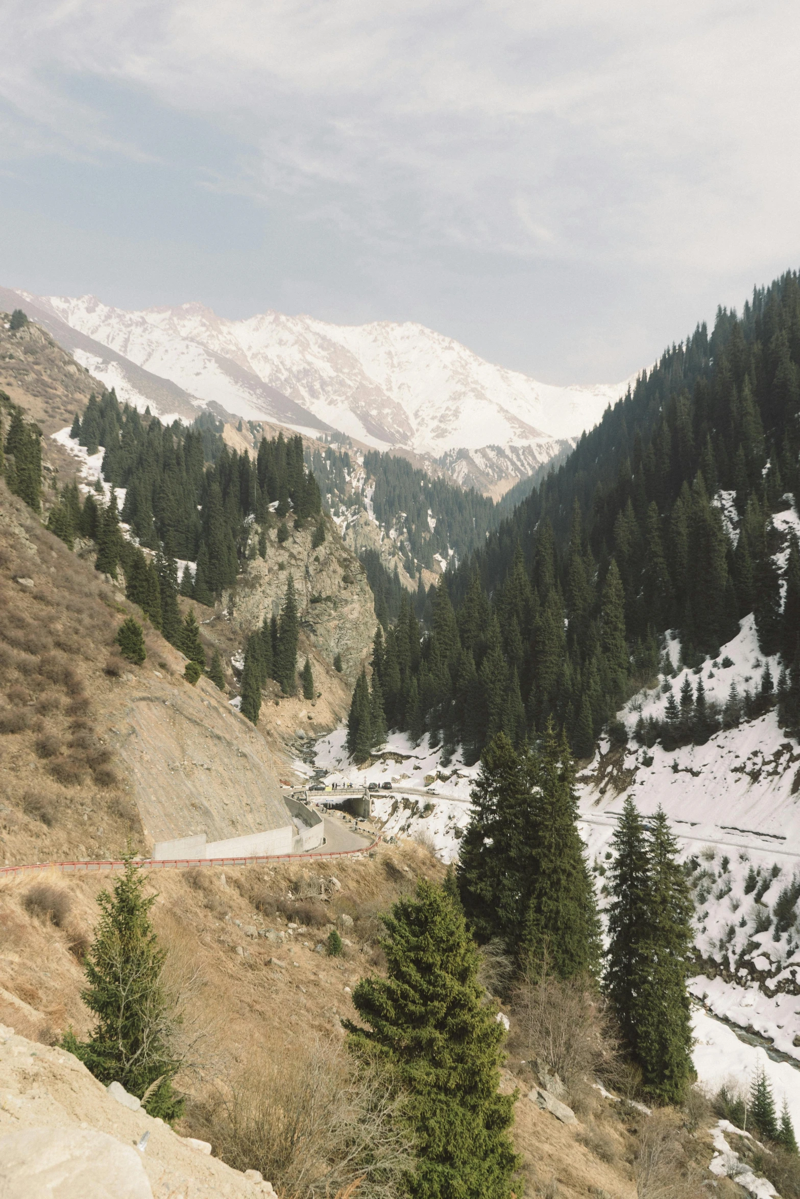 a man riding a motorcycle down the side of a mountain, by Muggur, les nabis, snow, evergreen valley, islamic, panorama shot