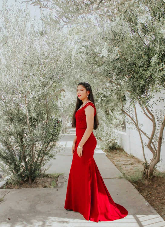 a woman in a red dress standing on a sidewalk, unsplash, wearing a formal dress, cindy avelino, avatar image, indoor picture