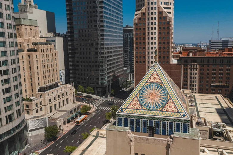 a clock tower in the middle of a city, a mosaic, by William Woodward, unsplash contest winner, renaissance, judy chicago, los angelos, as seen from the canopy, masonic lodge