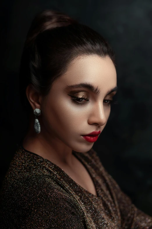 a woman wearing a brown sweater and red lipstick, a portrait, inspired by irakli nadar, pexels contest winner, wearing ornate earrings, chiaroscuro portrait, half-turned lady in evening gown, color photograph portrait 4k