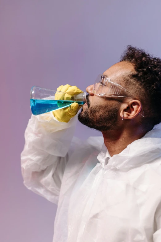 a man in a lab coat drinking from a bottle, an album cover, trending on pexels, blue and purple vapor, beakers of colored liquid, ashteroth, dangerous chemical hazards