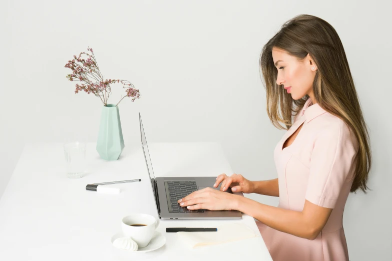 a woman sitting at a desk using a laptop computer, by Nicolette Macnamara, trending on unsplash, figuration libre, standing posture, manuka, on a white background, pregnancy