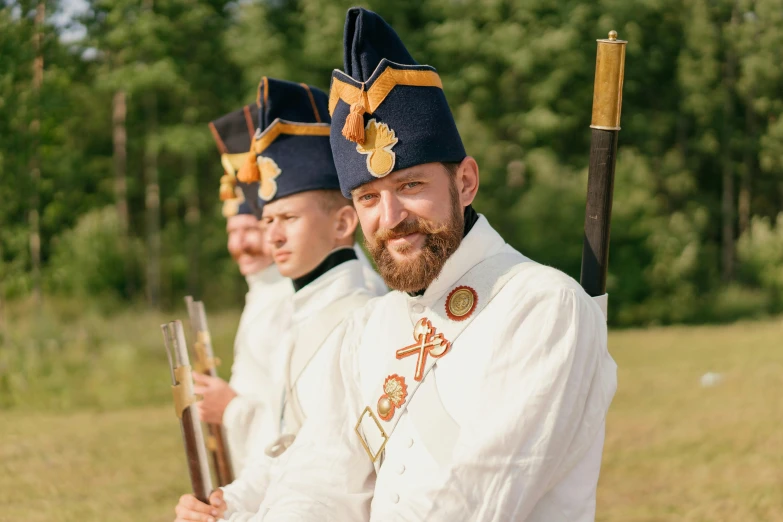 a couple of men standing next to each other, an album cover, by Attila Meszlenyi, pexels contest winner, renaissance, in uniform, midsommar, piping, (colonial expedition)