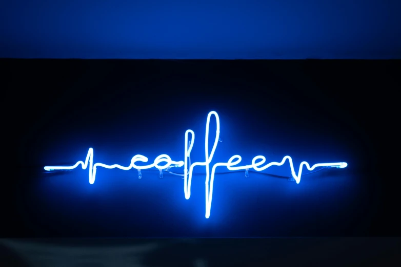 a neon sign in the shape of a heartbeat, an album cover, by Tracey Emin, trending on unsplash, happening, coffee, electric blue, detailed acrylic, signed