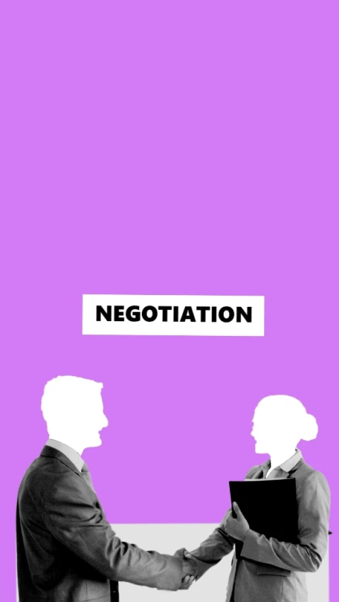 two men shaking hands in front of a purple background, a cartoon, by Gavin Nolan, unsplash, neo-figurative, virgil abloh, resignation, woman, cover illustration