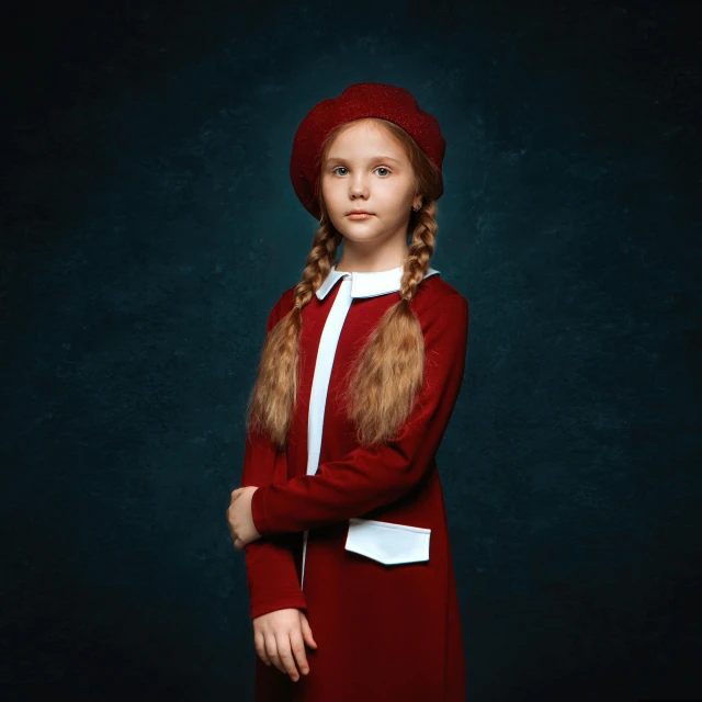 a young girl in a red dress and hat, pexels contest winner, socialist realism, dressed as schoolgirl, flora borsi, orthodox, woman with braided brown hair