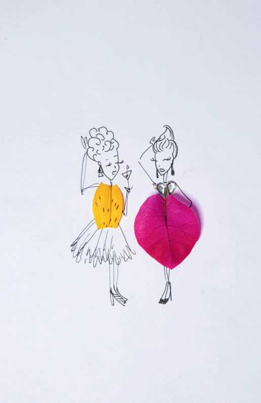 a drawing of two women standing next to each other, a cartoon, inspired by Méret Oppenheim, pexels contest winner, chilling on a leaf, paper quilling, magenta colours, flatlay