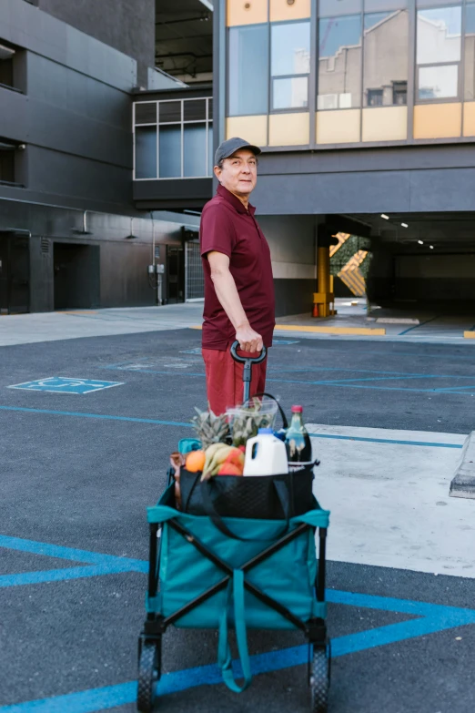 a man standing in a parking lot with a cart full of food, profile image, damien tran, caretaker, luggage