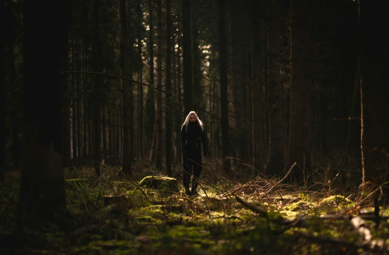 a person standing in the middle of a forest, dark wood, a woman walking, looking towards the camera