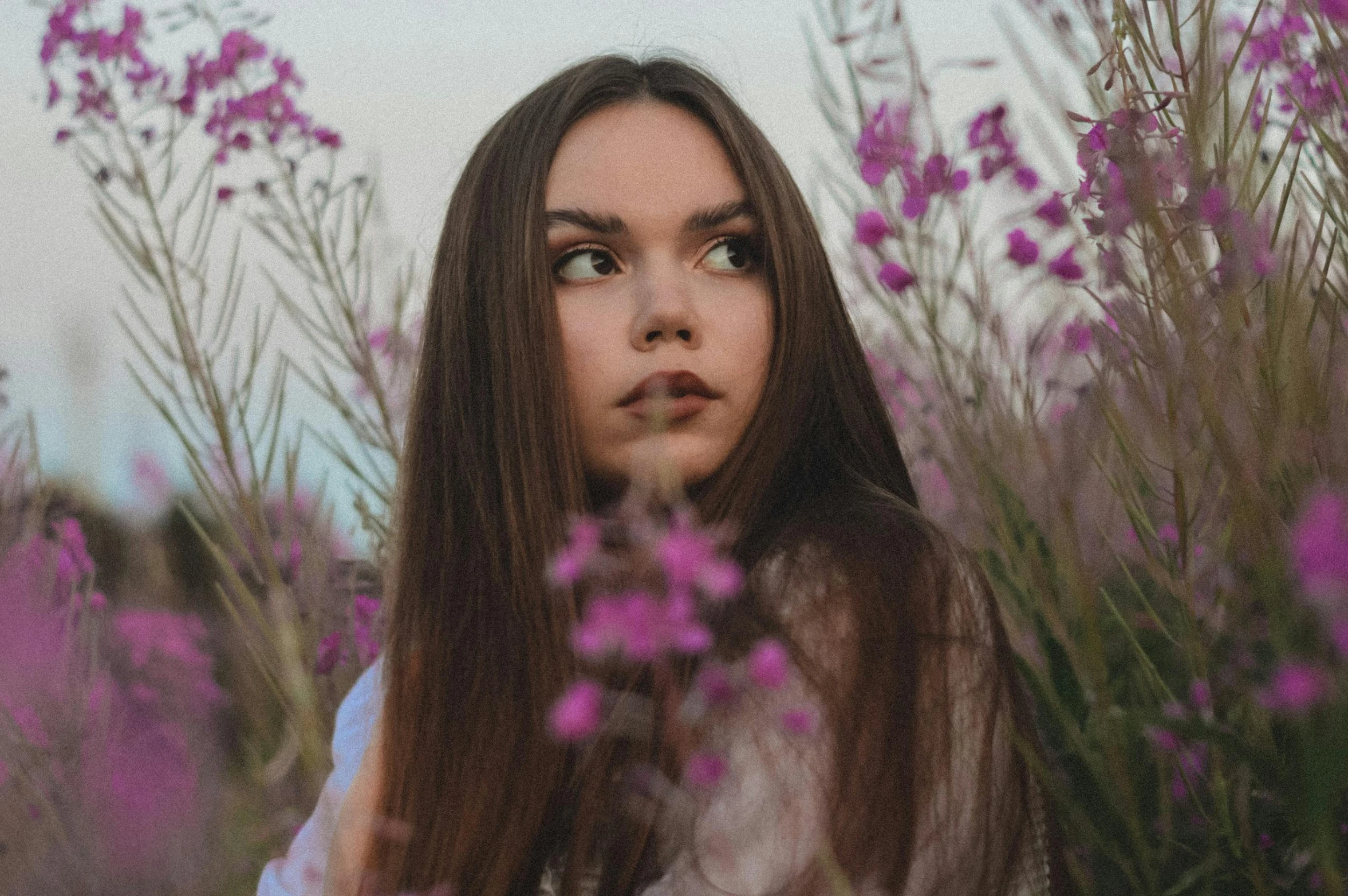 a woman standing in a field of purple flowers, inspired by Elsa Bleda, pexels contest winner, aestheticism, center parted brown hair, portrait sophie mudd, teenager girl, pink grass