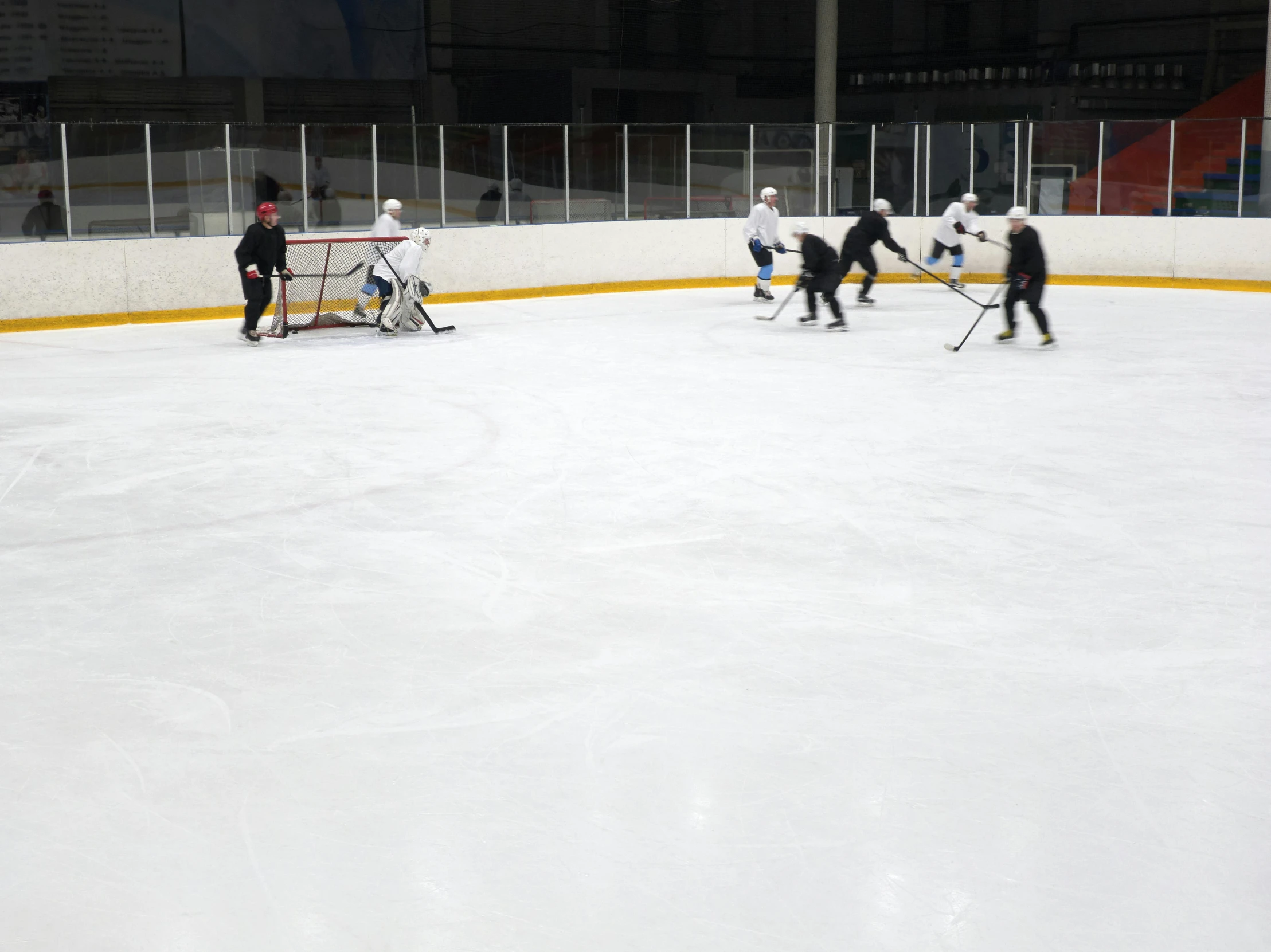 a group of people playing a game of ice hockey, square, grey, softair arena landscape, photo taken in 2 0 2 0