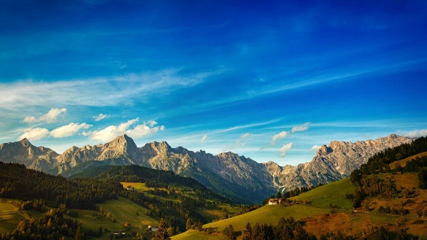 a view of the mountains from the top of a hill, by Peter Churcher, pexels contest winner, renaissance, dolomites in background, ultrawide lens”, stunning screensaver, late afternoon