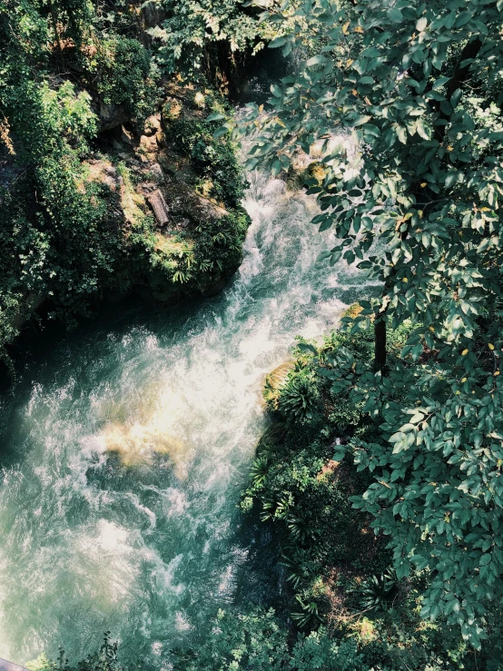 a river running through a lush green forest, an album cover, pexels contest winner, hurufiyya, trending on vsco, turbulent water, overlooking, st cirq lapopie