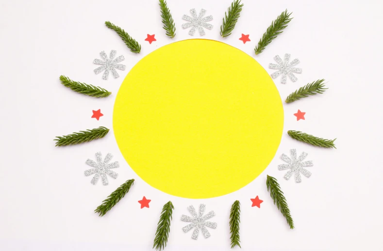 the sun is surrounded by pine branches and snowflakes, inspired by Sun Long, trending on pixabay, land art, neon yellow stars, paper cut out collage artwork, ad image, wide high angle view