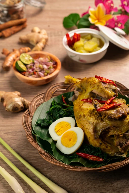 a close up of a plate of food on a table, by Basuki Abdullah, rooster, game ready, ingredients on the table, savory