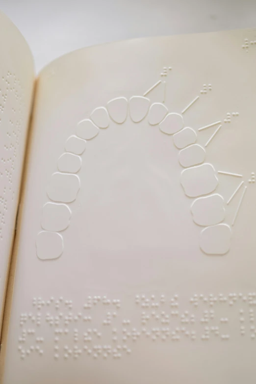 a close up of an open book with writing on it, inspired by Lucio Fontana, ascii art, all teeth, crowns, white plastic, intaglio