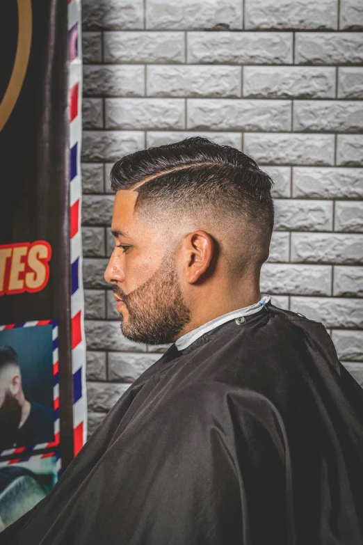 a man getting his hair cut at a barber shop, an album cover, inspired by Eddie Mendoza, les nabis, portrait photo of a backdrop, looking from side, colour corrected, hairworks