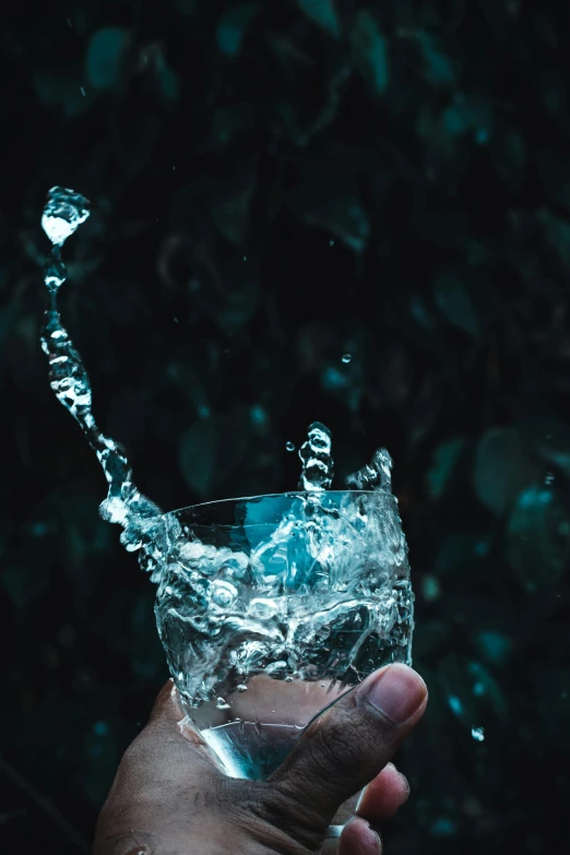 a hand holding a glass filled with water, inspired by Elsa Bleda, pexels contest winner, renaissance, made of drink, falling water, from waist up, vines hanging over the water