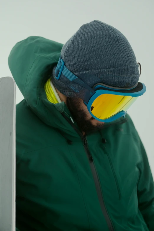 a man wearing ski goggles and a green jacket, featured on reddit, wearing teal beanie, detail shot, yellow, about to enter doorframe