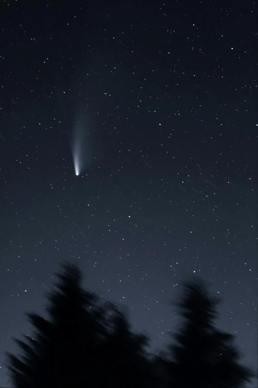 a comet in the night sky with trees in the foreground, 2010s, close - up photograph, hziulquoigmnzhah, getty images