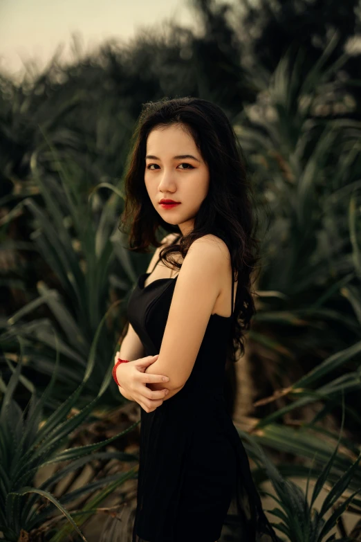 a woman in a black dress standing in a field of pineapples, inspired by Ai Xuan, realism, pouting, gif, asian, profile image