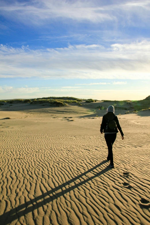 a person walking in the sand on a sunny day, by Terese Nielsen, graafland, dawn and dusk, tourism, coastal