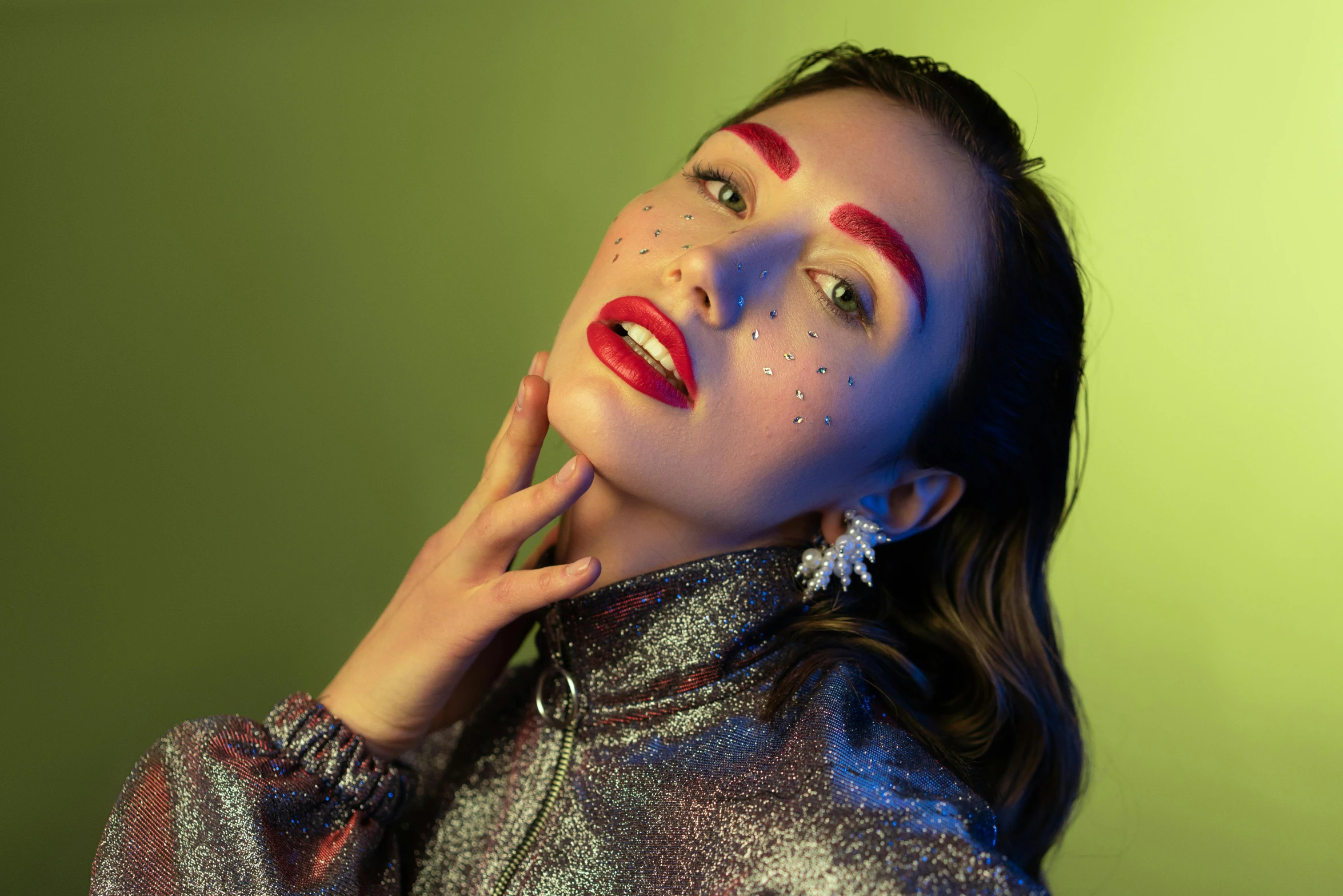 a close up of a person with makeup on, by Julia Pishtar, lights, pokimane, glamour fashion pose, pop makeup style