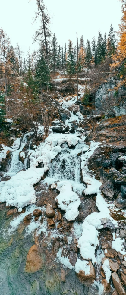 a stream running through a forest filled with snow, an album cover, inspired by Elsa Bleda, pexels contest winner, hurufiyya, multiple waterfalls, thumbnail, 268435456k film, detailed 4 k