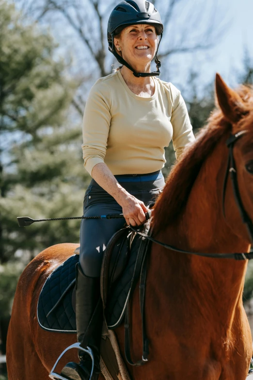 a woman riding on the back of a brown horse, a portrait, by Pamela Drew, trending on unsplash, long sleeves, rhode island, sweat, stability