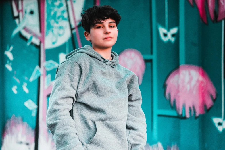 a young man standing in front of a graffiti covered wall, an album cover, inspired by John Luke, trending on pexels, graffiti, black haired girl wearing hoodie, portrait of 14 years old boy, solid background, grayish