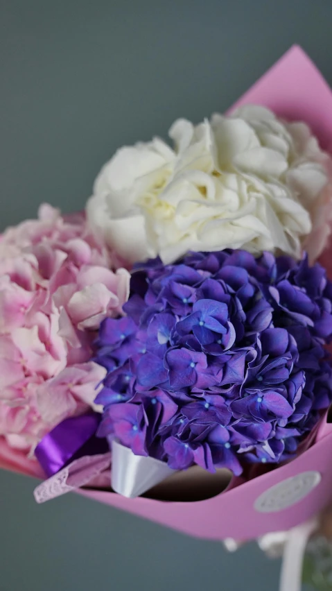 a bouquet of purple and white flowers in a vase, a macro photograph, pexels, deity of hydrangeas, pink and blue, round-cropped, detail shot