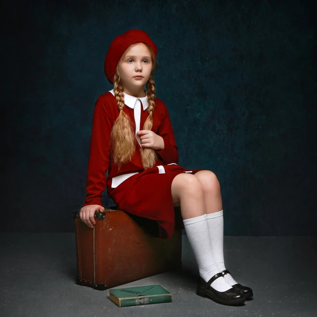 a little girl sitting on top of a suitcase, an album cover, pixabay contest winner, socialist realism, dressed as schoolgirl, photography alexey gurylev, dressed in red velvet, moody : : wes anderson
