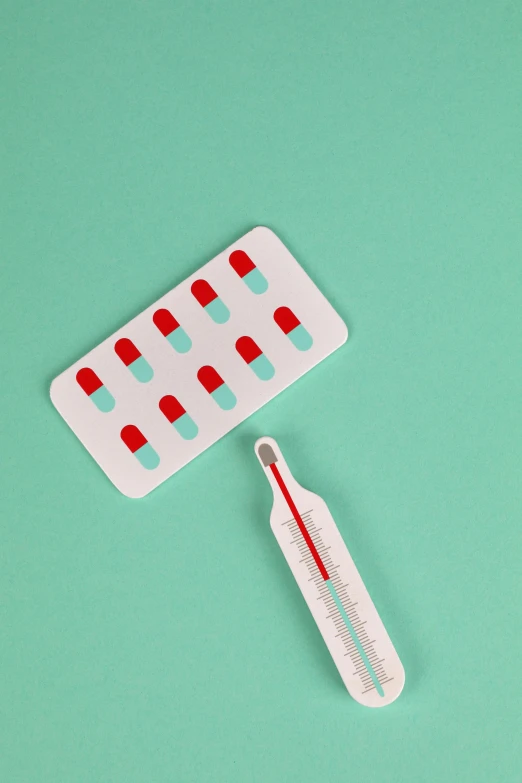 a thermometer and pill pack on a green surface, by Rachel Reckitt, trending on pexels, plasticien, red and cyan, panel, red stripe, woman