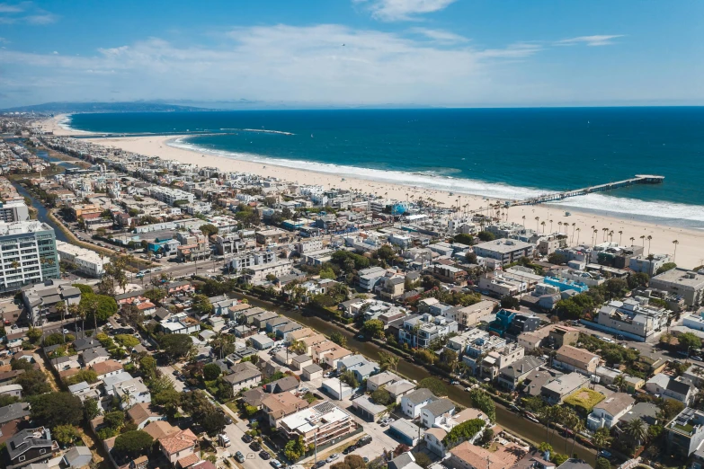 an aerial view of a beach and the ocean, a portrait, neighborhood, background image, santa monica beach, profile image