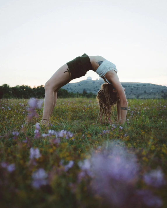 a woman doing a handstand in a field of flowers, by Jessie Algie, pexels contest winner, back arched, yoga, slightly erotic, arch