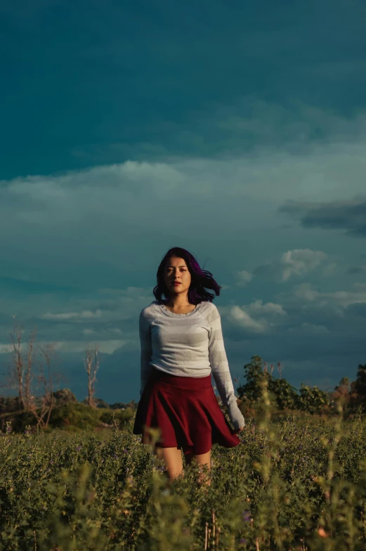 a woman standing in a field of tall grass, an album cover, inspired by Elsa Bleda, unsplash, on clouds, dramatic light 8 k, maroon, cindy avelino