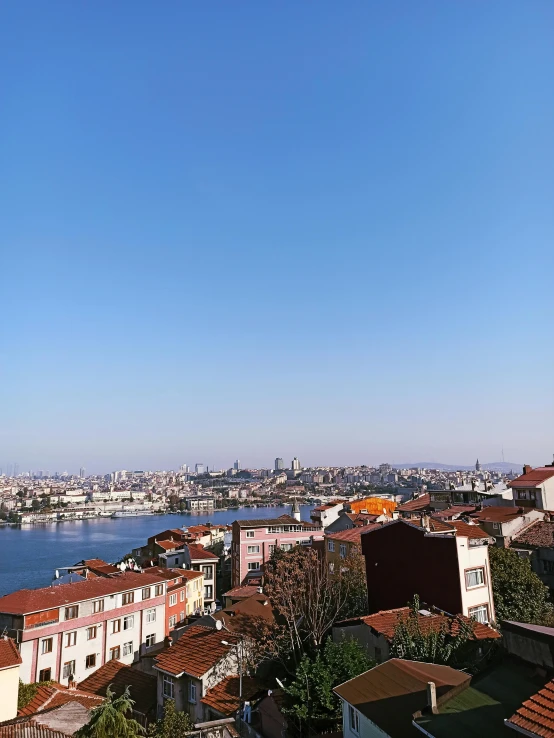 a view of a city and a body of water, mixture turkish and russian, clear blue skies, 🚿🗝📝, wide shot photograph