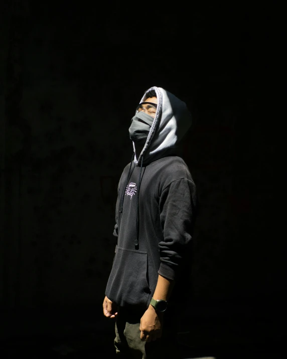 a man in a hoodie standing in a dark room, an album cover, unsplash, hurufiyya, wearing mask, low quality photo, profile image, full body picture