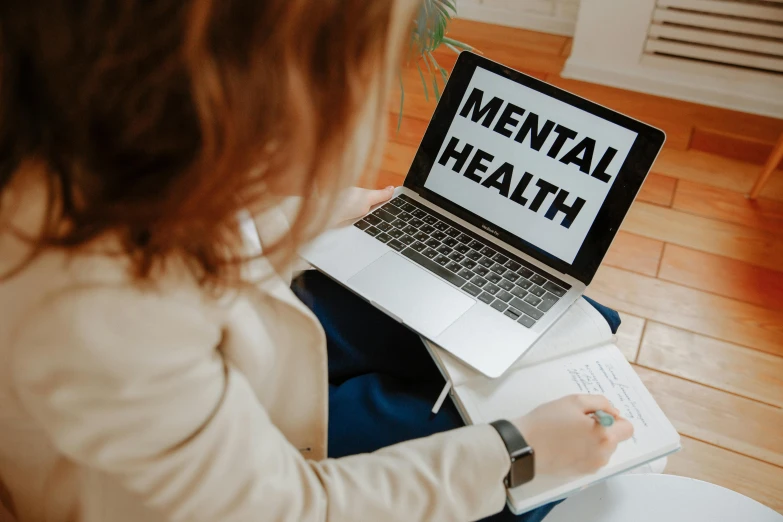a woman sitting in front of a laptop with mental health written on the screen, by Emma Andijewska, trending on pexels, worksafe. instagram photo, schools, holding a clipboard, head down