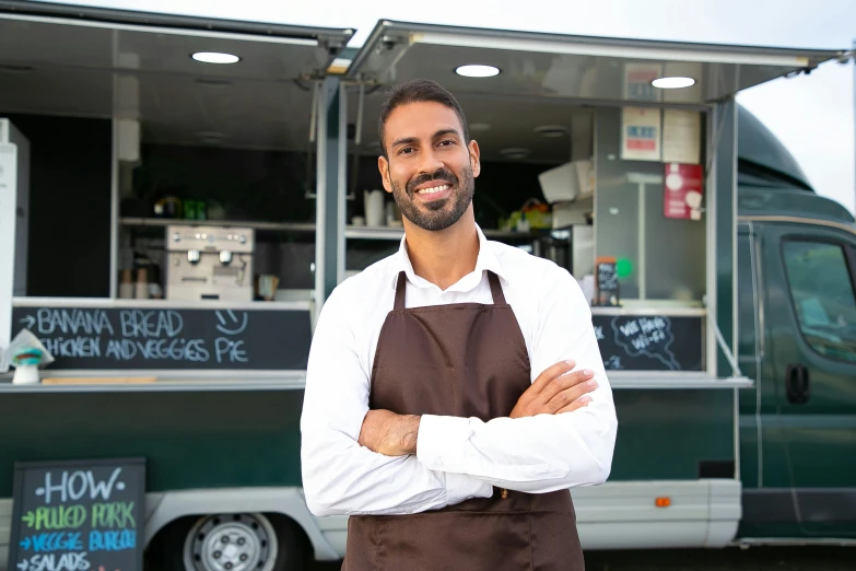 a man standing in front of a food truck, portrait image, brown, professional photo-n 3, square