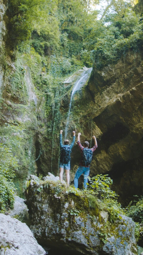 a couple of people standing on top of a rock, water running down the walls, lush surroundings, celebrating, two male