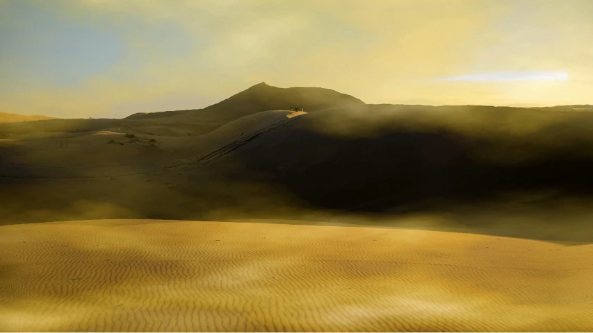 a person riding a horse in the desert, a digital painting, inspired by Michal Karcz, unsplash contest winner, land art, yellow mist, majestic dunes, archival pigment print, golden hues