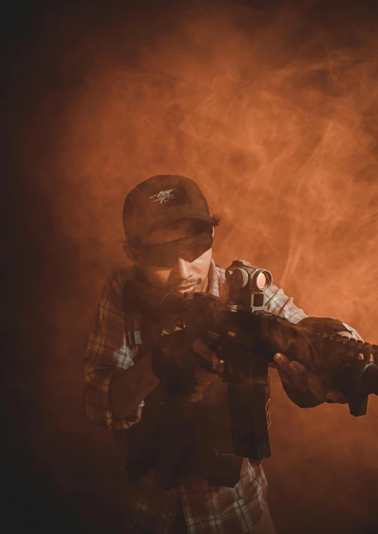 a man with a gun in his hand, pexels contest winner, volumetric fog and smoke, airsoft cqb, 1 / 4 headshot, gamer