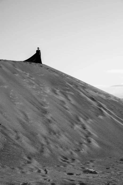 a person standing on top of a snow covered hill, a black and white photo, inspired by Ruth Brandt, unsplash, conceptual art, paul atreides as emperor of dune, covered in sand, sittin, a pilgrim